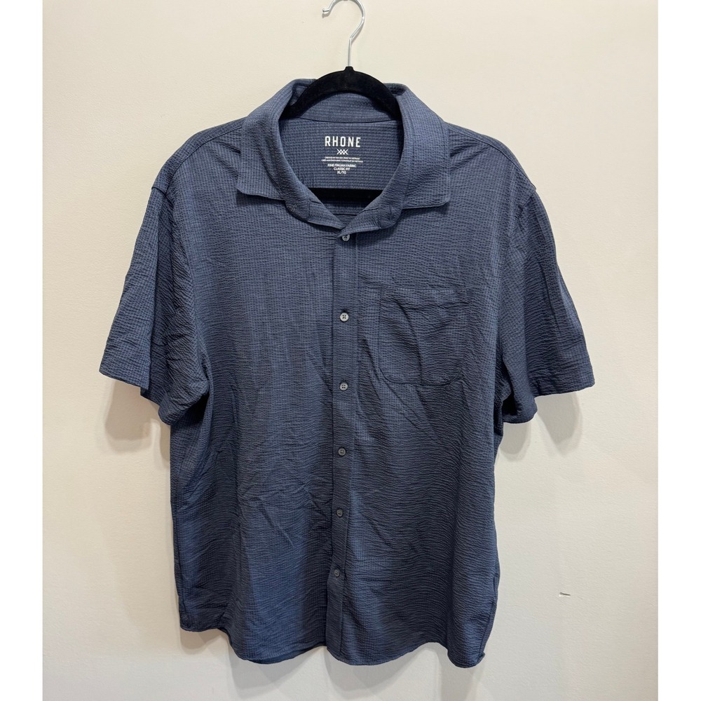 Rhone Mens XL Navy Blue Textured Italian Fabric Short Sleeve Button Down Shirt